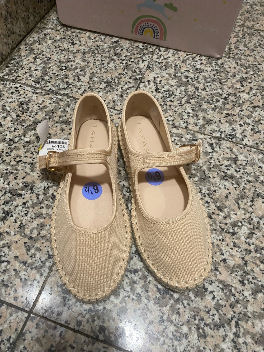 Tahari Girls' Cream Mary Jane Espadrille Flats with Gold Buckle